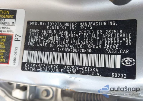2013 Toyota Camry Se from USA, damaged, VIN 4T1BF1FK7DU720606
